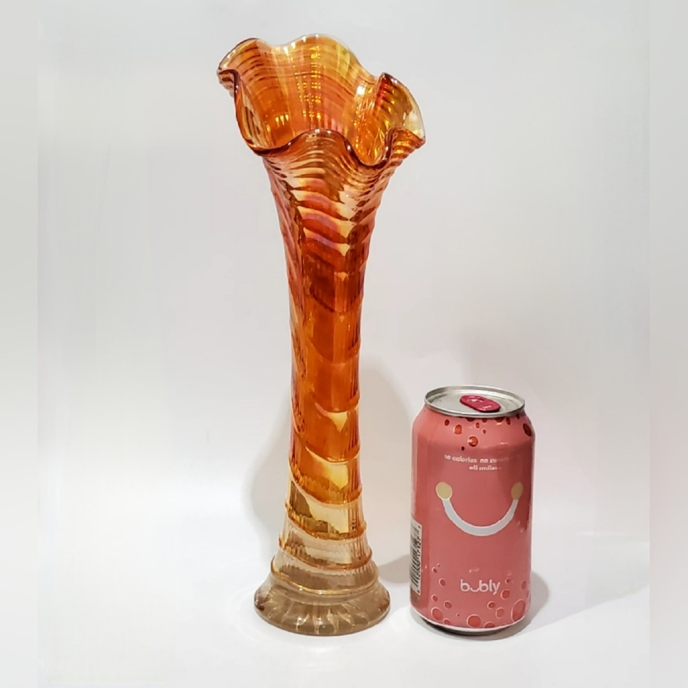 Vntg Marigold Irredescent Carnival 12" Rippled Glass Swung Vase Imperial Glass